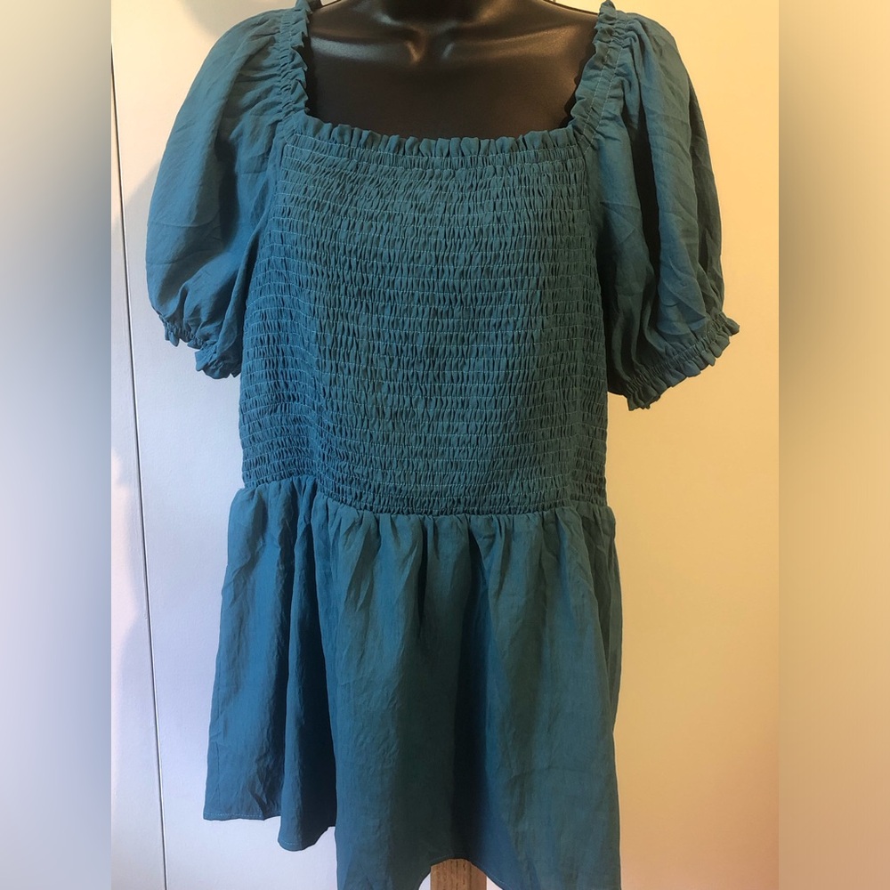 Teal Smocked Square Neck Puff Sleeve Top
